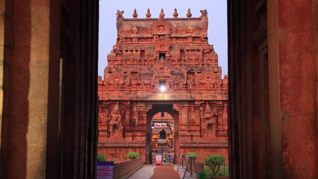 Main entrance at Brihadeeswarar Temple or Big Temple. Brihadishvara Rajesvara Peruvudaiyar built by 10th century king RAJA RAJA CHOLAN. THANJAVUR, TAMIL NADU, INDIA - FEB 2023