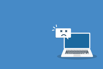 Broken laptop with sad smile. Broken laptop service, recovery and repair concept.	