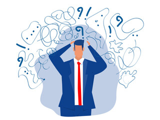Business man suffers from obsessive thoughts; headache; unresolved issues; psychological trauma; depression.Mental stress panic mind disorder illustration Flat vector illustration.
