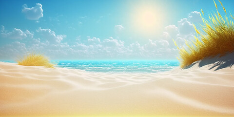 Bright sand beach and sunshine background, Summertime backdrop