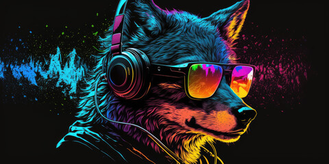 Cool neon party dj wolf in headphones and sunglasses, generative ai
