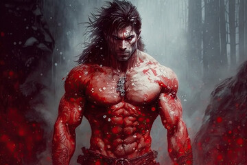 Fototapeta na wymiar portrait of a werewolf man in blood in forest. Generative AI illustration