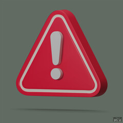 3d Realistic red triangle warning sign isolated on background. Hazard warning attention sign with exclamation mark symbol. Danger, Alert, Dangerous attention icon. 3D Vector illustration.