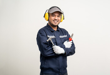 Technician workers in uniform maintenance service with equipment tools. Profession of service industry house repair. Home services isolated background.