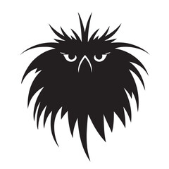 Crazy shaggy and strict owl closeup. Good for tattoo. Editable vector monochrome image with high details isolated on white background
