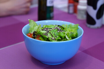 Salad with chia seeds on the table. Vegan food. Super food. Keto diet.
