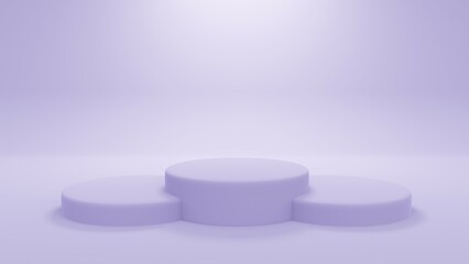 Purple podium 3D background. Violet product pedestal and stage for studio display. Light pastel mockup with round platform for presentation. Realistic rendered illustration.
