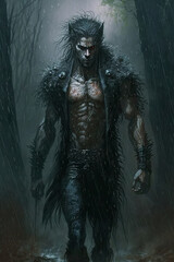 werewolf man in dark foggy forest. Generative AI illustration