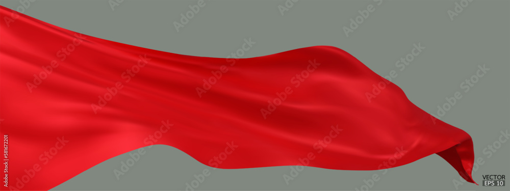 Sticker flying red silk textile fabric flag background. smooth elegant red satin isolated on green backgroun