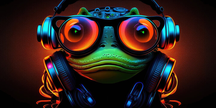 Cool neon party dj frog in headphones and sunglasses, generative ai