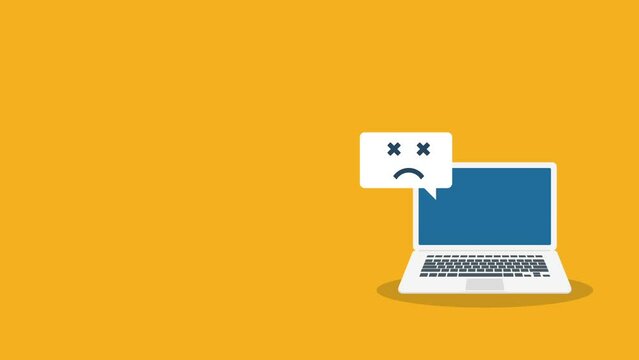 Broken laptop with sad smile. Broken laptop service, recovery and repair concept.