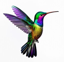 Fototapeta premium Rainbow colorful hummingbird in flight illustration, AI generated- vector of a flying hummingbird on transparent background. Isolated hummingbird, complete white background. Colorful bird. Small bird.