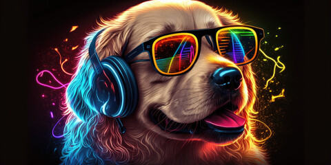 Cool neon party dj golden retriever dog in headphones and sunglasses, generative ai