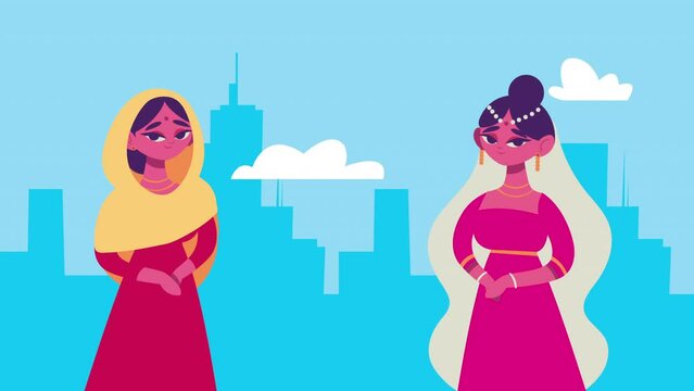 elegant girls indian culture characters animation