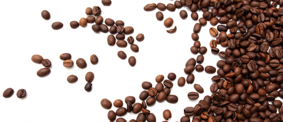 Roasted coffee beans isolated on white background.