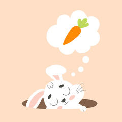 Сute white easter bunny sleeps in hole. Cartoon vector illustration.