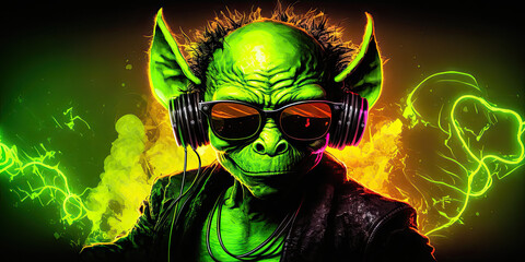 Cool neon party dj goblin in headphones and sunglasses, generative ai