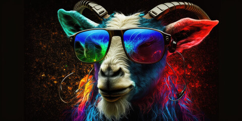 Cool neon party dj goat in headphones and sunglasses, generative ai