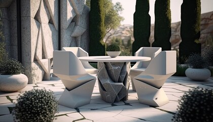 Modern stone terrace next to the garden with chairs and table for breakfast close to nature