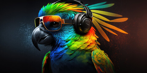 Cool neon party dj parott in headphones and sunglasses, generative ai
