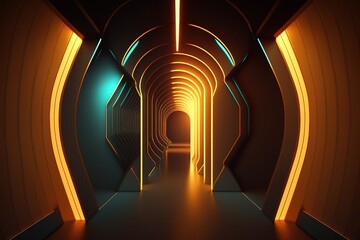 Abstract neon lights into digital technology tunnel. Generative AI