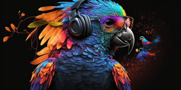 Cool neon party dj parott in headphones and sunglasses, generative ai