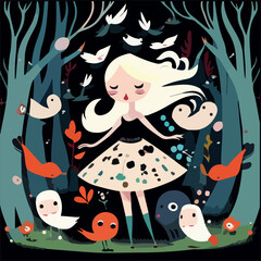 A girl with white hair dances in a forest with many animals and birds. Fairy forest and animals with birds. Illustration for your design