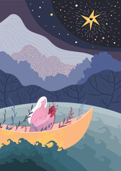 Vector illustration of a woman in a boat that sails at the call of the heart. - 581676428