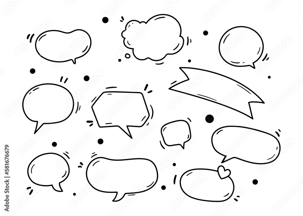 Poster hand drawn doodle blank speech bubbles message comment dialog shape set vector illustration