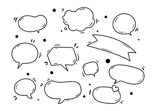 Hand drawn doodle blank speech bubbles message comment dialog shape set vector illustration