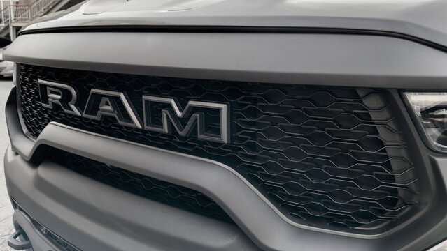 Yerevan, Armenia, March 12, 2023: Dodge Ram Off-road car. Ram logo. Powerful american pickup Dodge Ram. Car radiator grill