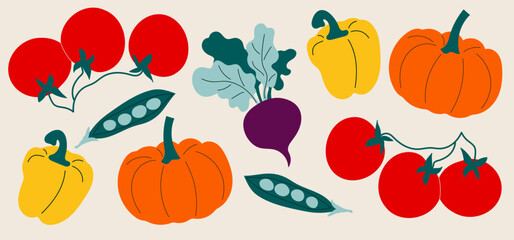 Horizontal banner with appetizing  vegetables in the style of a doodle. Modern vector poster with peas, peppers, tomatoes, pumpkin, beet. Illustration of an online store, food delivery.