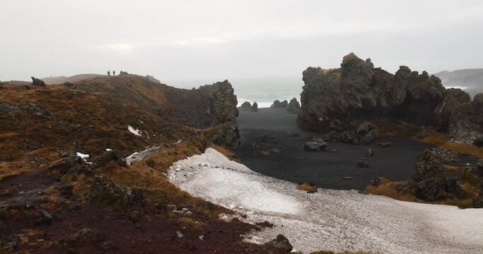 Winter views of Djúpalónssandur black pebbled beach located on the Snæfellsnes peninsula in West Iceland 