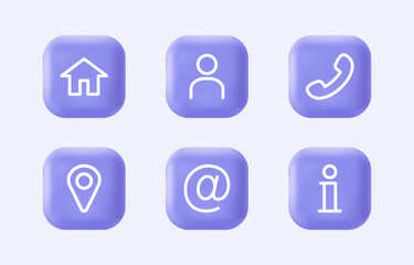 3d business icon set for company. Location, homepage, address, phone number, information on realistic violet buttons. Modern infographic logo and pictogram collection. Vector cartoon illustration.