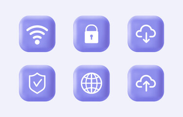 3d internet security icon set. Shield, wifi, lock, downloading, uploading on realistic violet buttons. Modern infographic logo and pictogram collection. Vector cartoon illustration.
