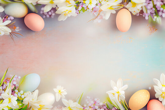 Easter background with copy space. Eggs, flowers, pastel colors illustration top view generative AI, generative, ai