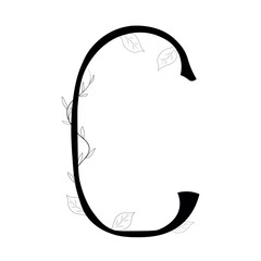 letter C as plants, alphabet in the form of a tree with leaves, Floral botanical alphabet isolated on white background