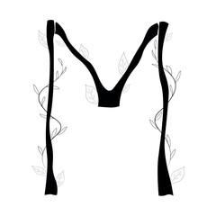 letter M as plants, alphabet in the form of a tree with leaves, Floral botanical alphabet isolated on white background