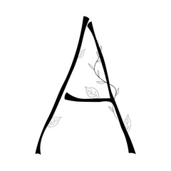 letter A as plants, alphabet in the form of a tree with leaves, Floral botanical alphabet isolated on white background