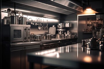 Professional Kitchen and View Counter in Stainless Steel, Bokeh, Background 3. Generative AI