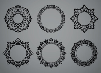 Set of decorative frames Elegant vector element for design in Eastern style, place for text. Floral black and gray borders. Lace illustration for invitations and greeting cards