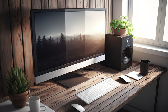 Comfortable wooden workspace with a stationary PC desktop computer with a blank screen against a wood plank wall. Generative AI