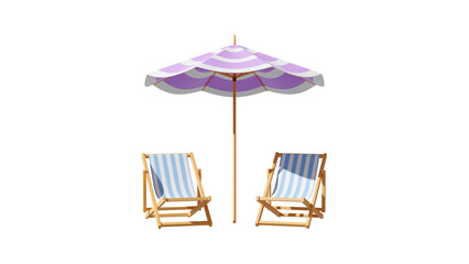 Two Deck Chair And Beach Umbrella In Minimal Concept Summer Theme, PNG transparent background, ready for use, Beach set 3D element, 3D Rendering