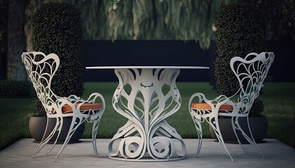 Modern wrought iron terrace next to the garden with chairs and table for the elegant breakfast