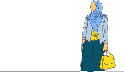 One single line drawing of young attractive happy muslimah wearing veil and holding pocket bag on hand. Beautiful woman in trendy hijab fashion concept continuous line draw design vector illustration