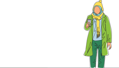 One single line drawing of young attractive happy muslimah wear beanie hat and hold coffee cup. Beauty Asian woman model in trendy hijab fashion concept continuous line draw design vector illustration