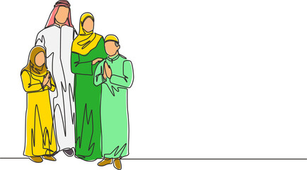 Eid Al Fitr Mubarak greeting card, banner and poster design. One continuous line drawing of muslim Arabian family - Islamic father, mother, daughter and son. Single line draw vector illustration