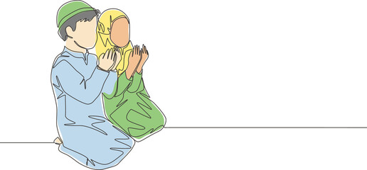 One continuous line drawing of muslim and muslimah pray solmen to God. Islamic holy day Ramadan Kareem and Eid Mubarak greeting card concept single line draw design vector illustration