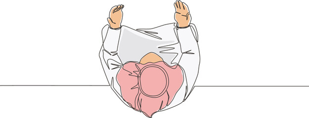 One continuous line drawing of muslim person raise and open hands praying, from top view. Islamic holy day Ramadan Kareem and Eid Mubarak pray concept single line draw design vector illustration