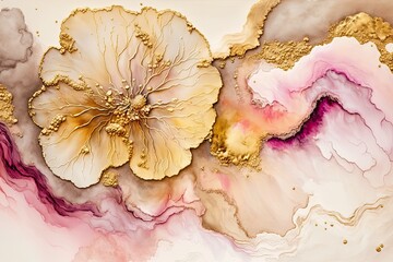 Jewelry flower. Luxury abstract background. Glamour illustration. Alcohol ink paint. Gold-pink popular illustration, modern background graphics, generated by artificial intelligence. ai.